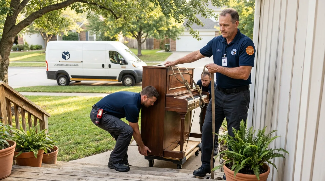 Licensed piano movers securing grand piano in Wellsville, OH