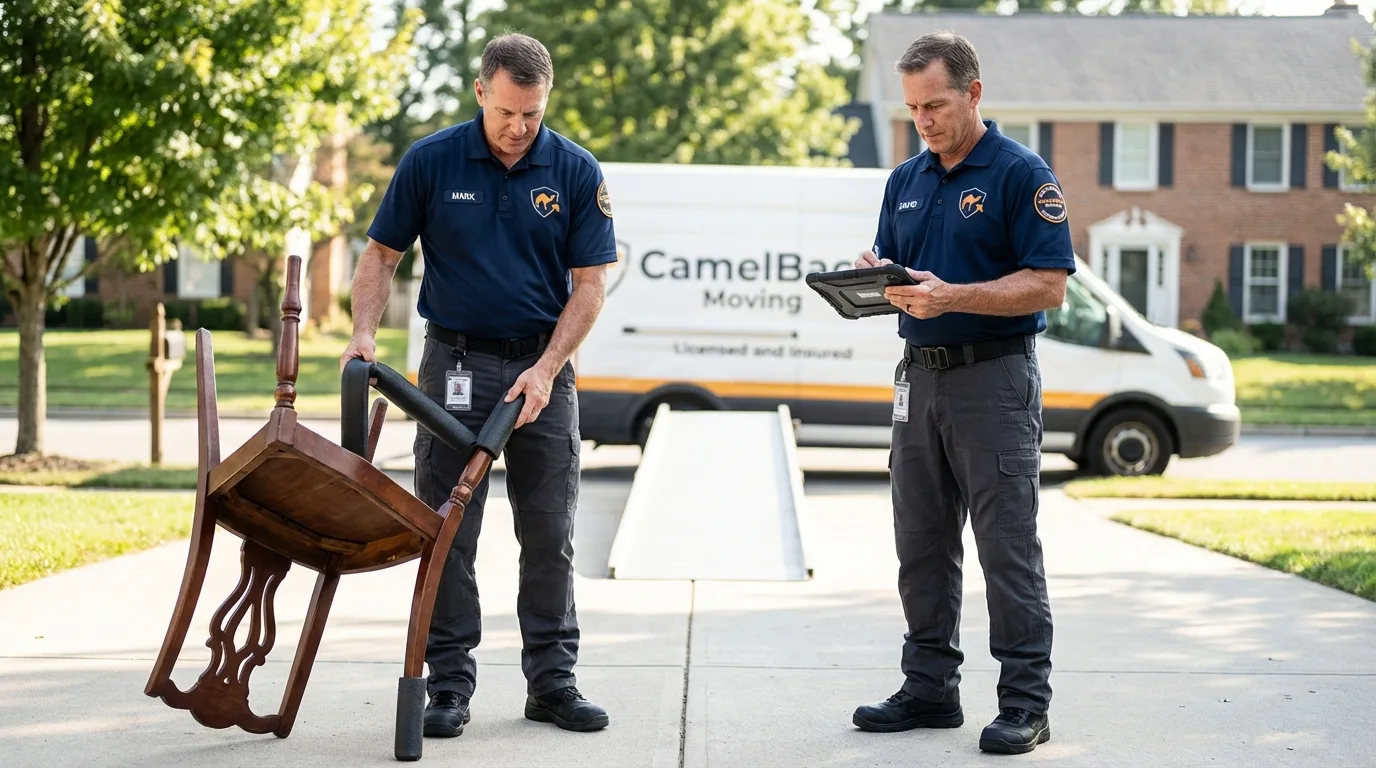 Movers inspecting furniture for damage prevention before loading in Wellsville, OH