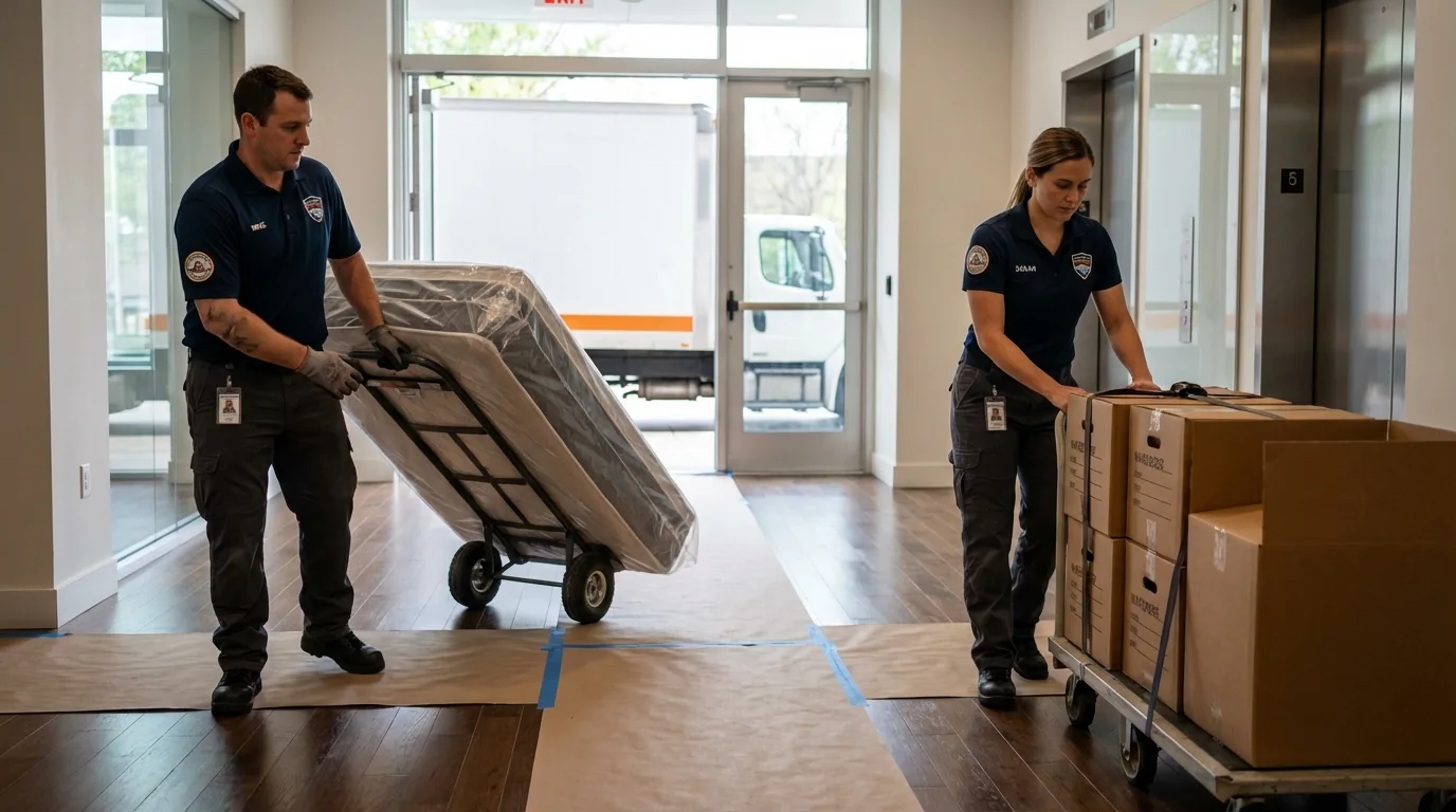 Professional apartment movers loading elevator in Wellsville, OH