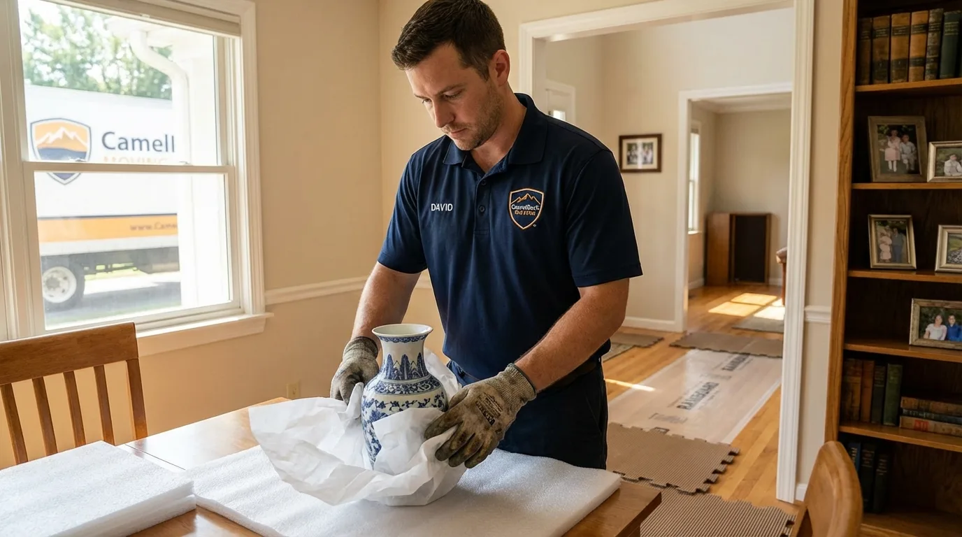Professional crew carefully wrapping antique vase for senior downsizing move in Wellsville, OH